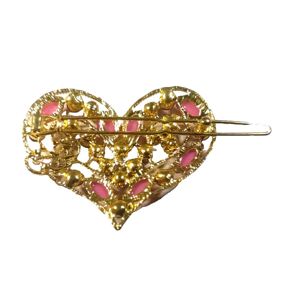 Hair Barrette Heart Pink Purple Rhinestone Gold Tone